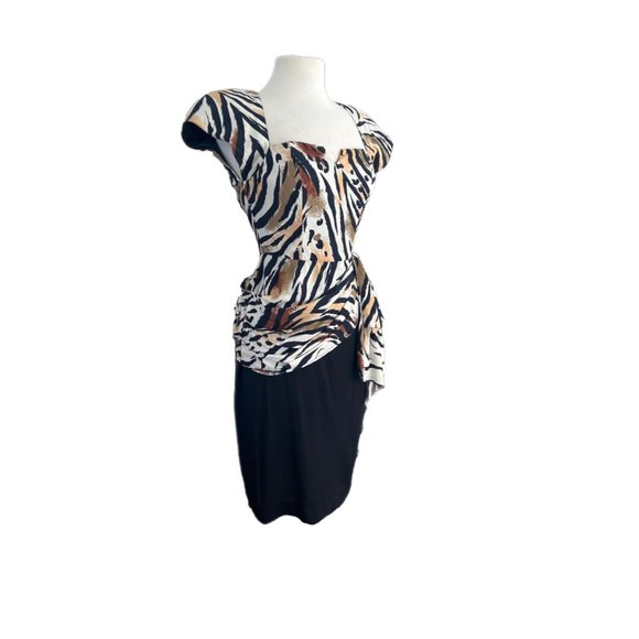 Vintage 80s Barbara Barbara Animal Print Peplum Waist Dress | Size 6 - Picture 2 of 6